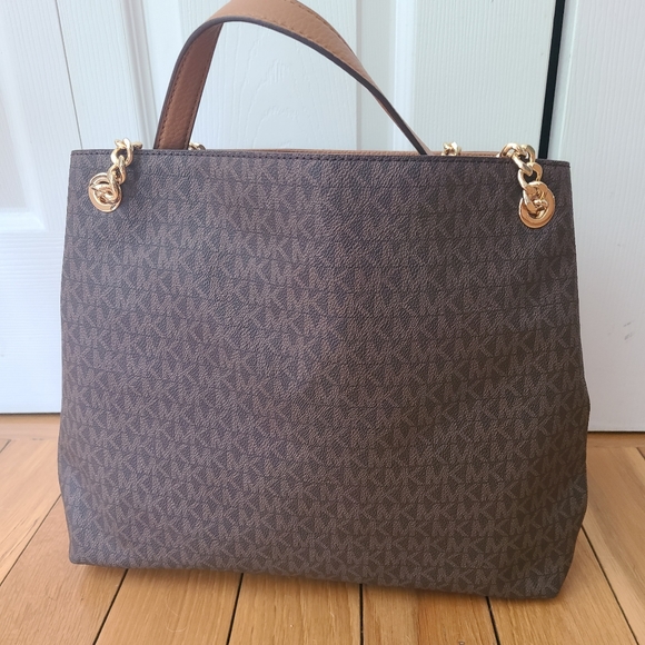 Michael Kors Chain Tote Bag – NWT Brown MK Logo Gold Hardware Shoulder Purse - Picture 2 of 12